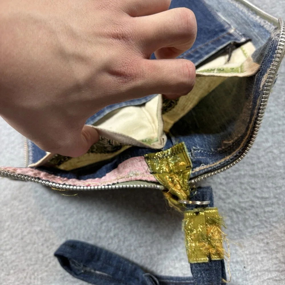 Vintage Upcycled Levis Denim Wristlet Wallet Zip Pouch Handmade Boho Floral